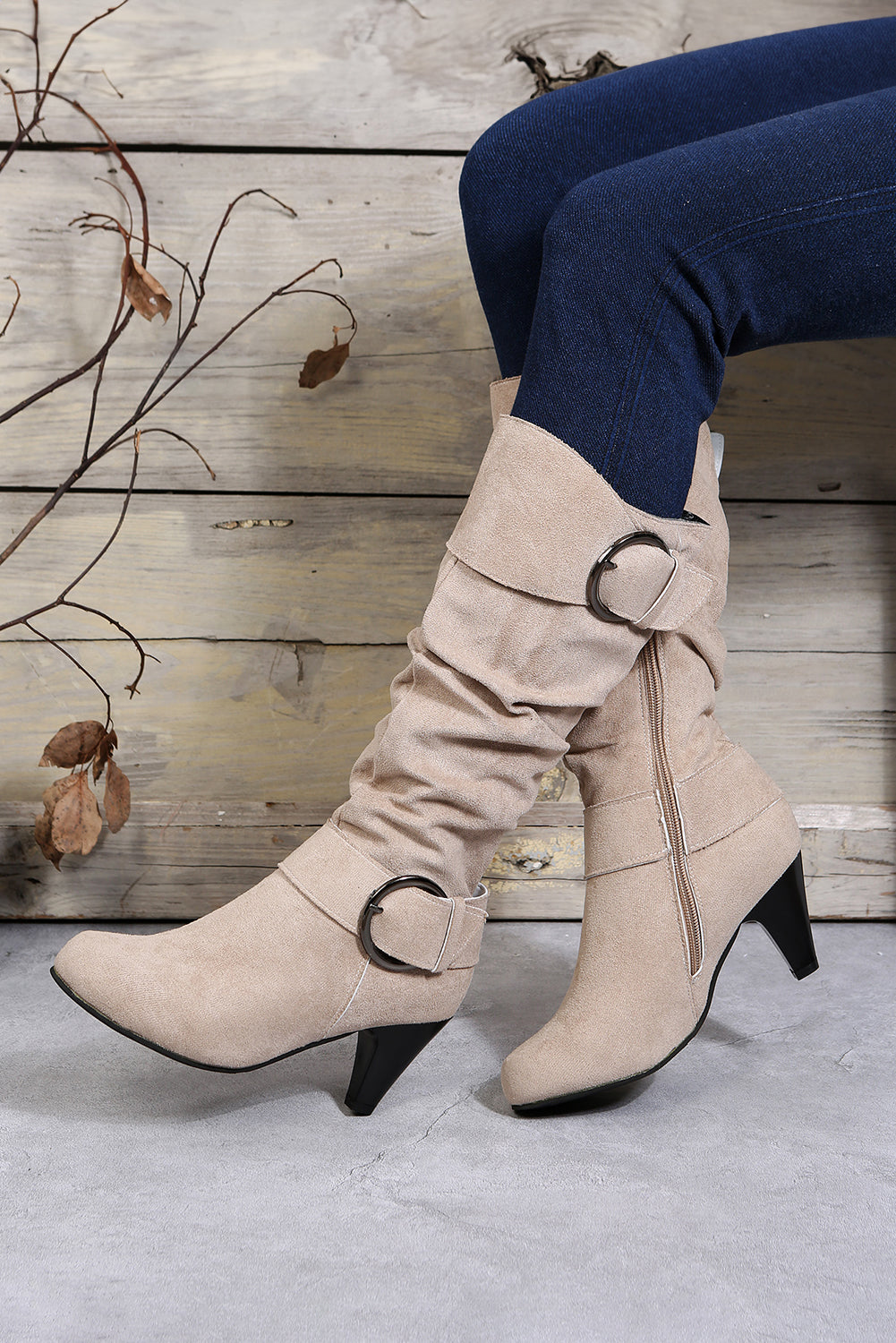 Kennedy Dual Buckle Strap Side Zip Boots Threaded Pear