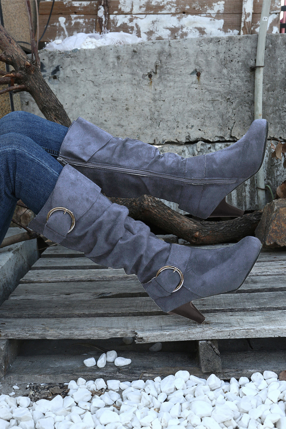 Kennedy Dual Buckle Strap Side Zip Boots Threaded Pear
