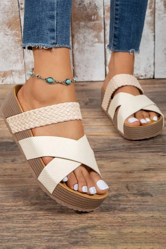 Braided Detail Criss Cross Platform Slippers Threaded Pear