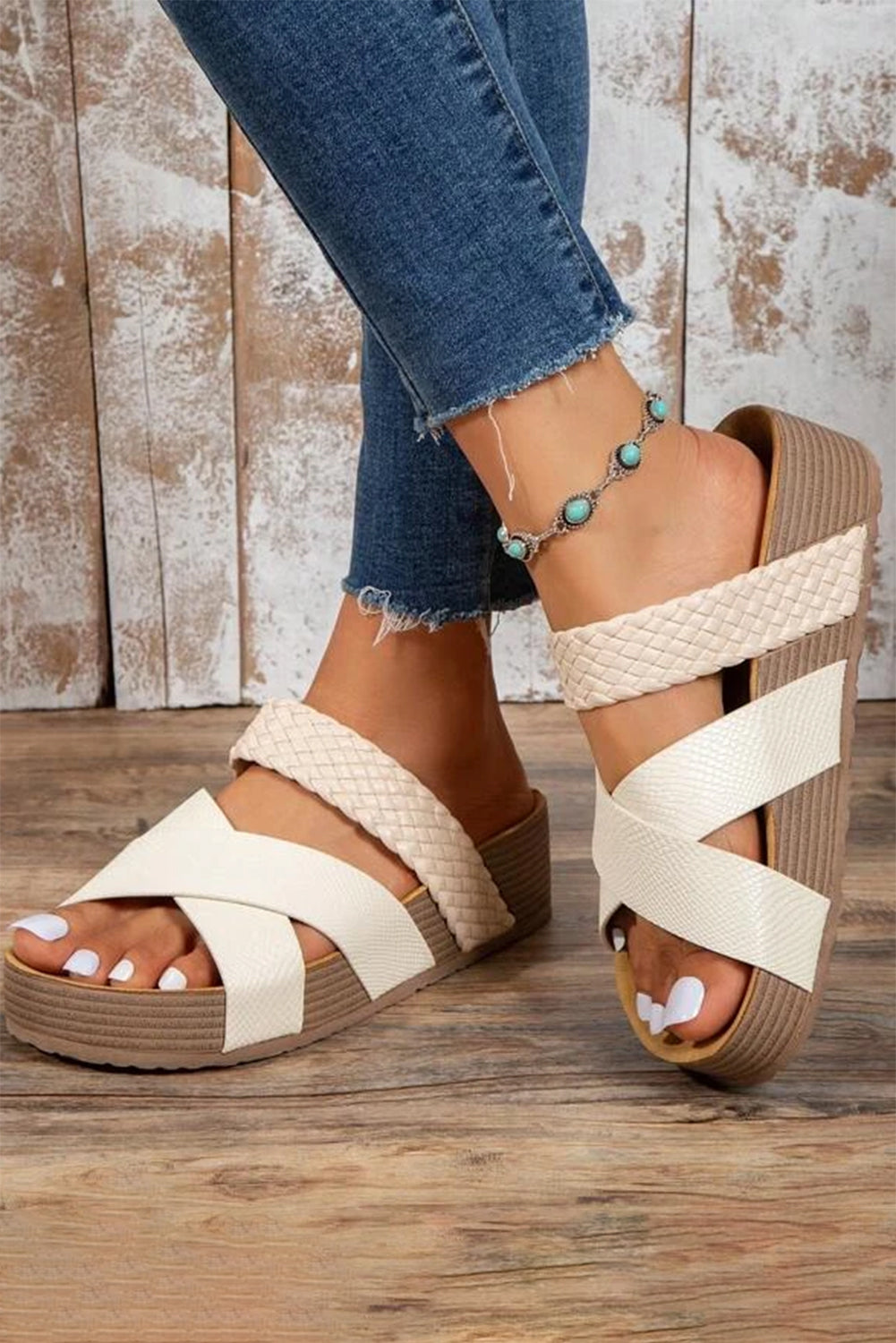 Braided Detail Criss Cross Platform Slippers Threaded Pear