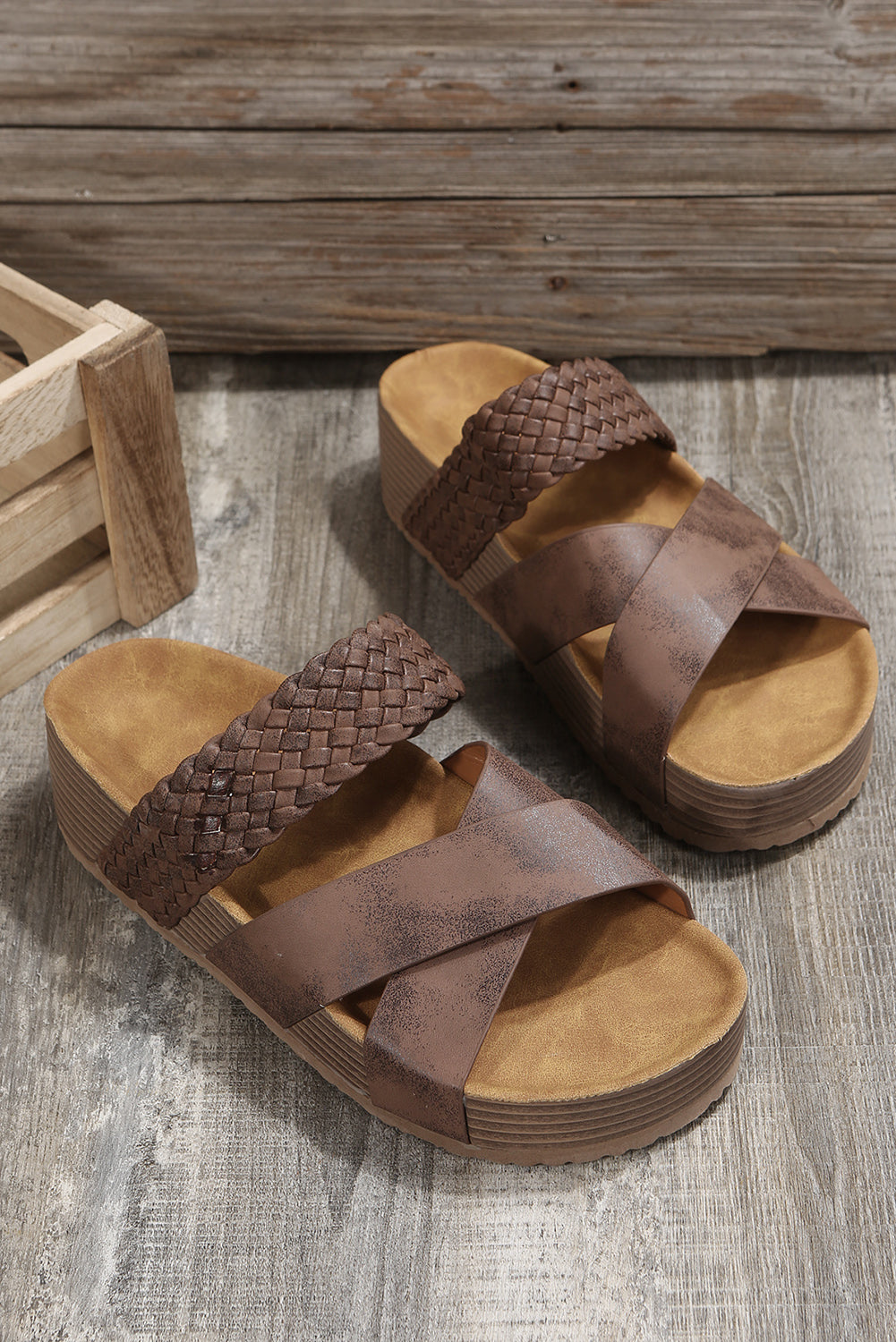 Braided Detail Criss Cross Platform Slippers Threaded Pear