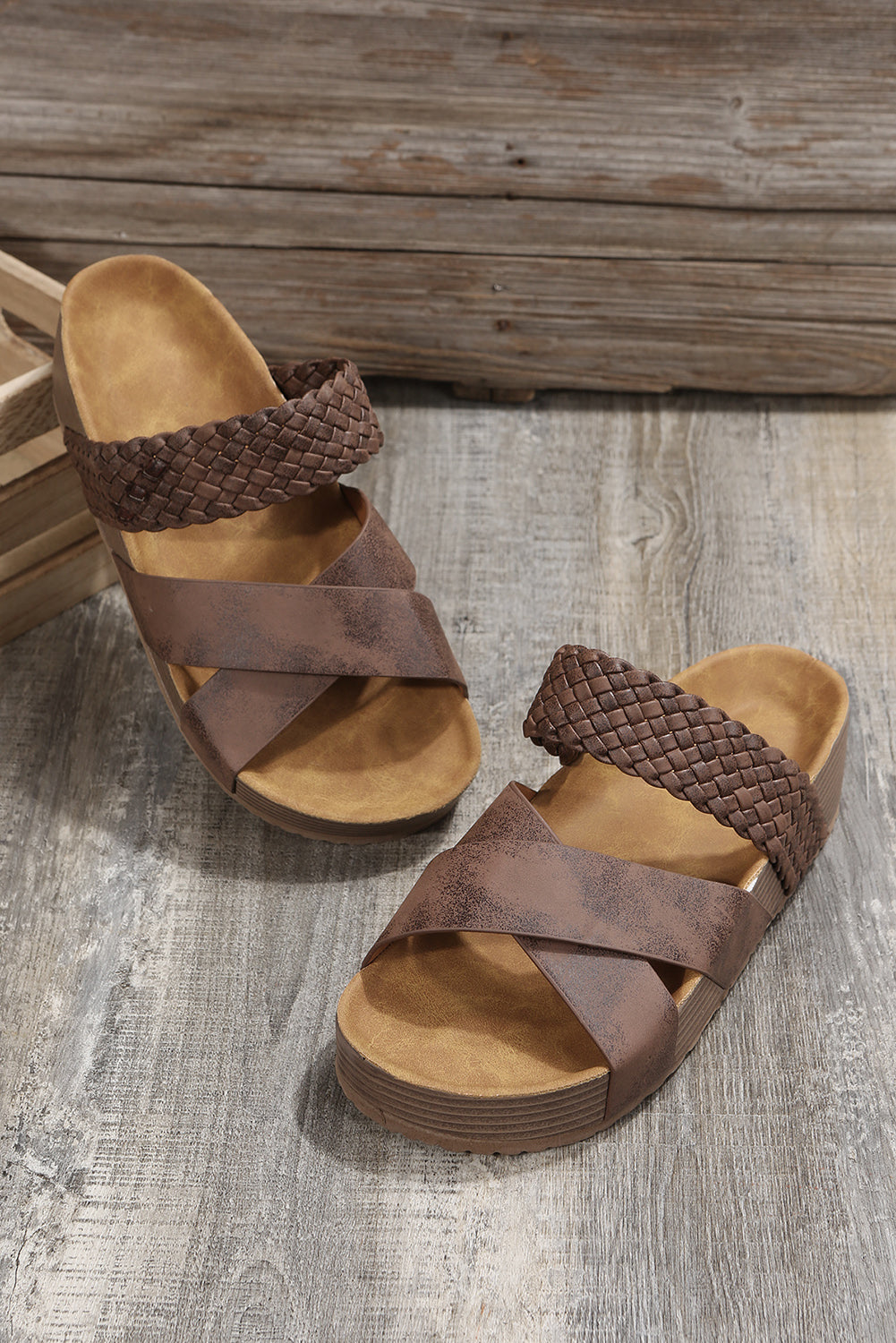 Braided Detail Criss Cross Platform Slippers Threaded Pear