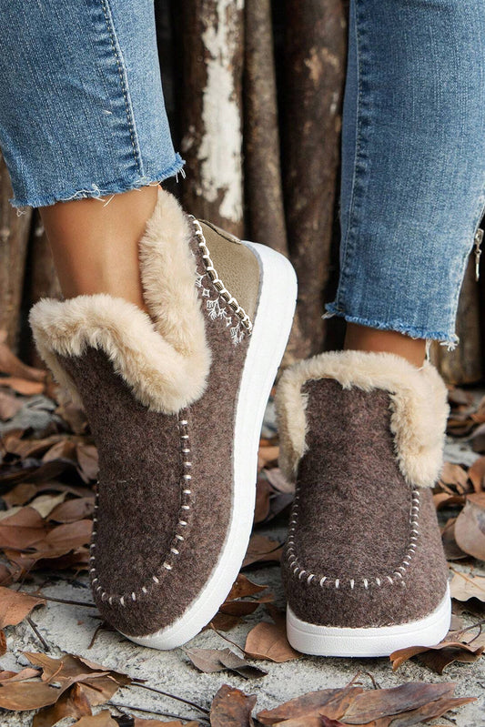 Anna Suede Stitching Plush Lined Anklet Boots Threaded Pear