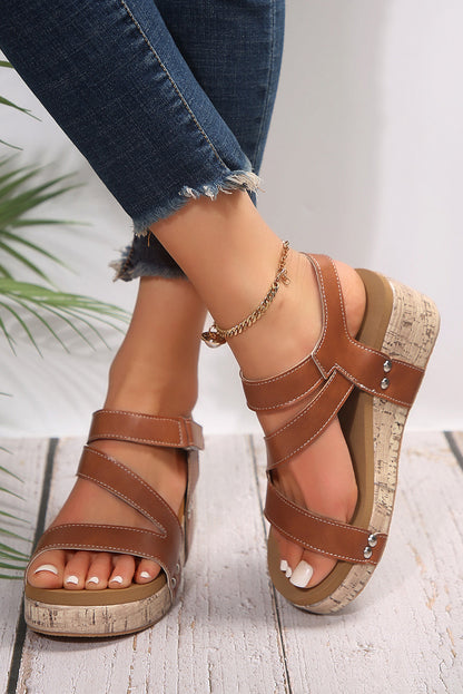Hollow Out Velcro Leather Wedge Sandals