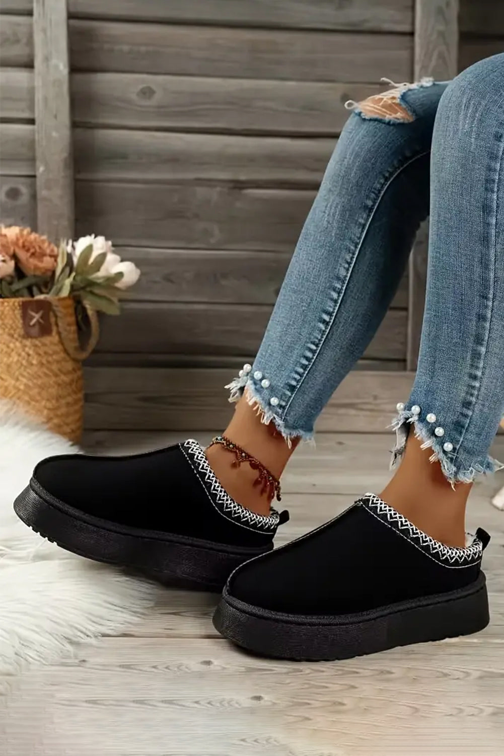 Jade Suede Plush Lined Snow Boots Threaded Pear
