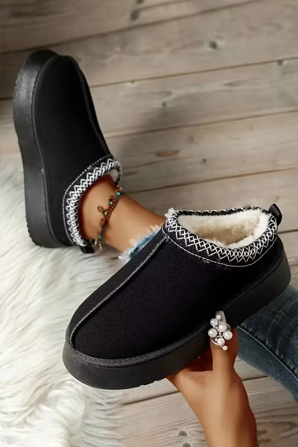 Jade Suede Plush Lined Snow Boots Threaded Pear