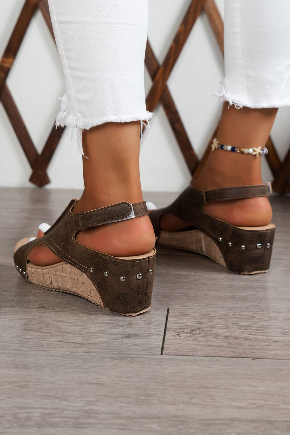 Eleanor Studded Cut Out Wedge Sandals Threaded Pear