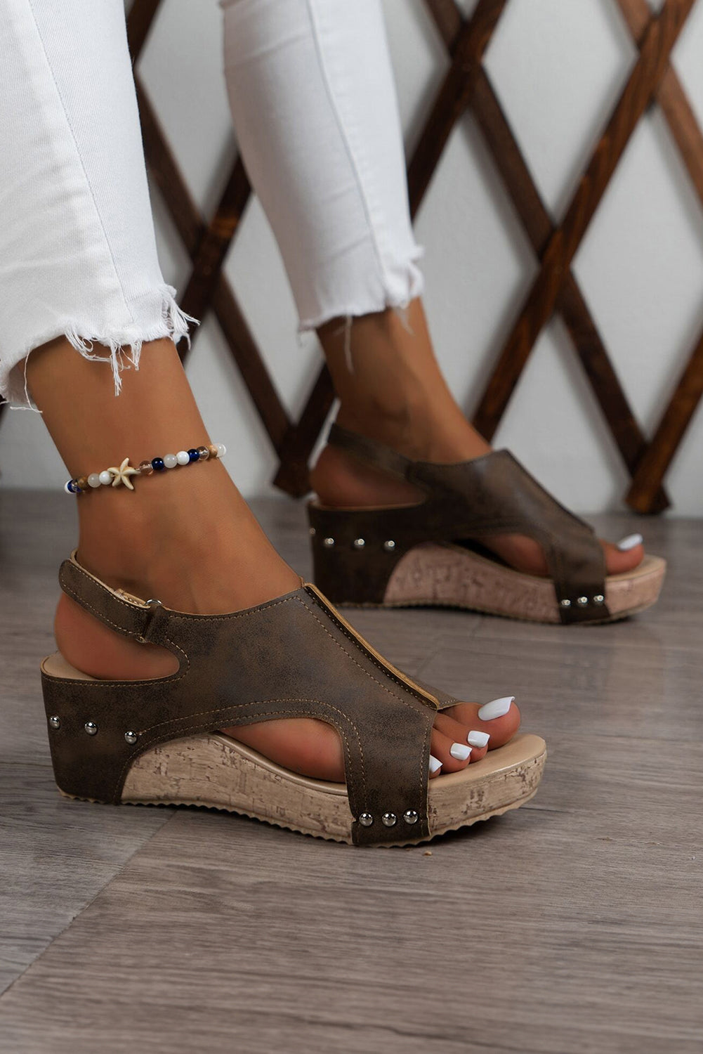 Eleanor Studded Cut Out Wedge Sandals Threaded Pear