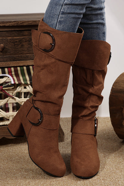 Suede Double Buckled Side Zipped Mid-calf Boots