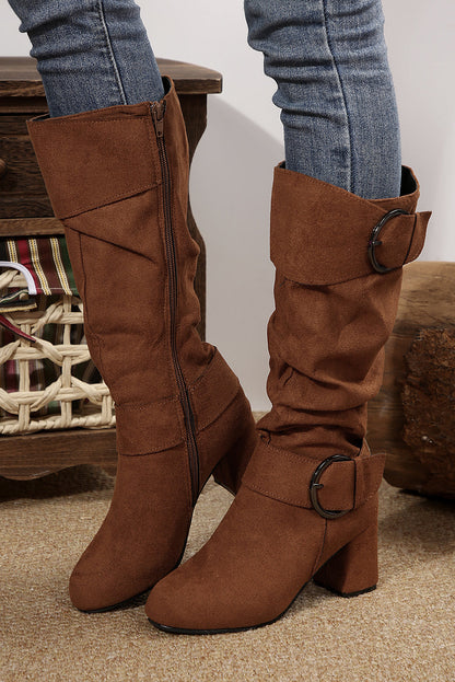 Suede Double Buckled Side Zipped Mid-calf Boots