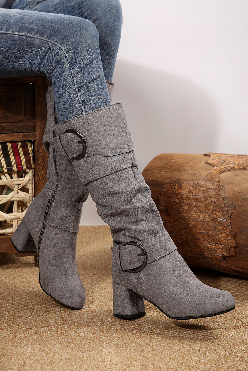 Suede Double Buckled Side Zipped Mid-calf Boots Threaded Pear