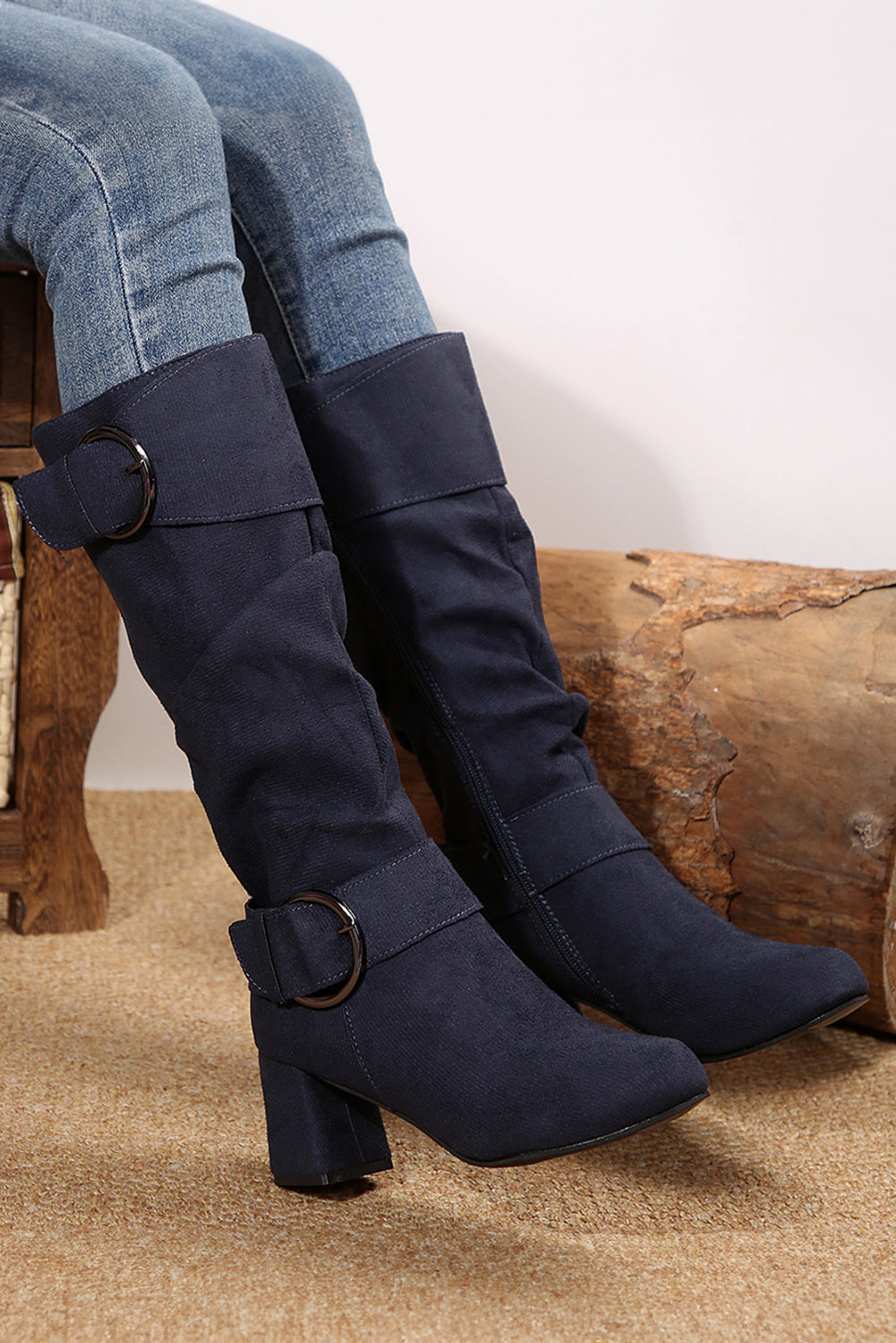 Suede Double Buckled Side Zipped Mid-calf Boots Threaded Pear