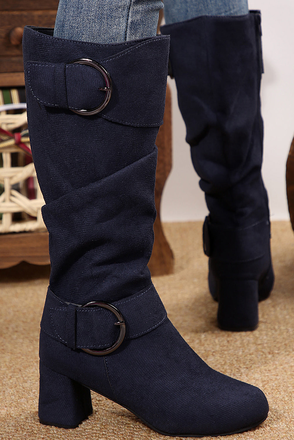 Suede Double Buckled Side Zipped Mid-calf Boots Threaded Pear