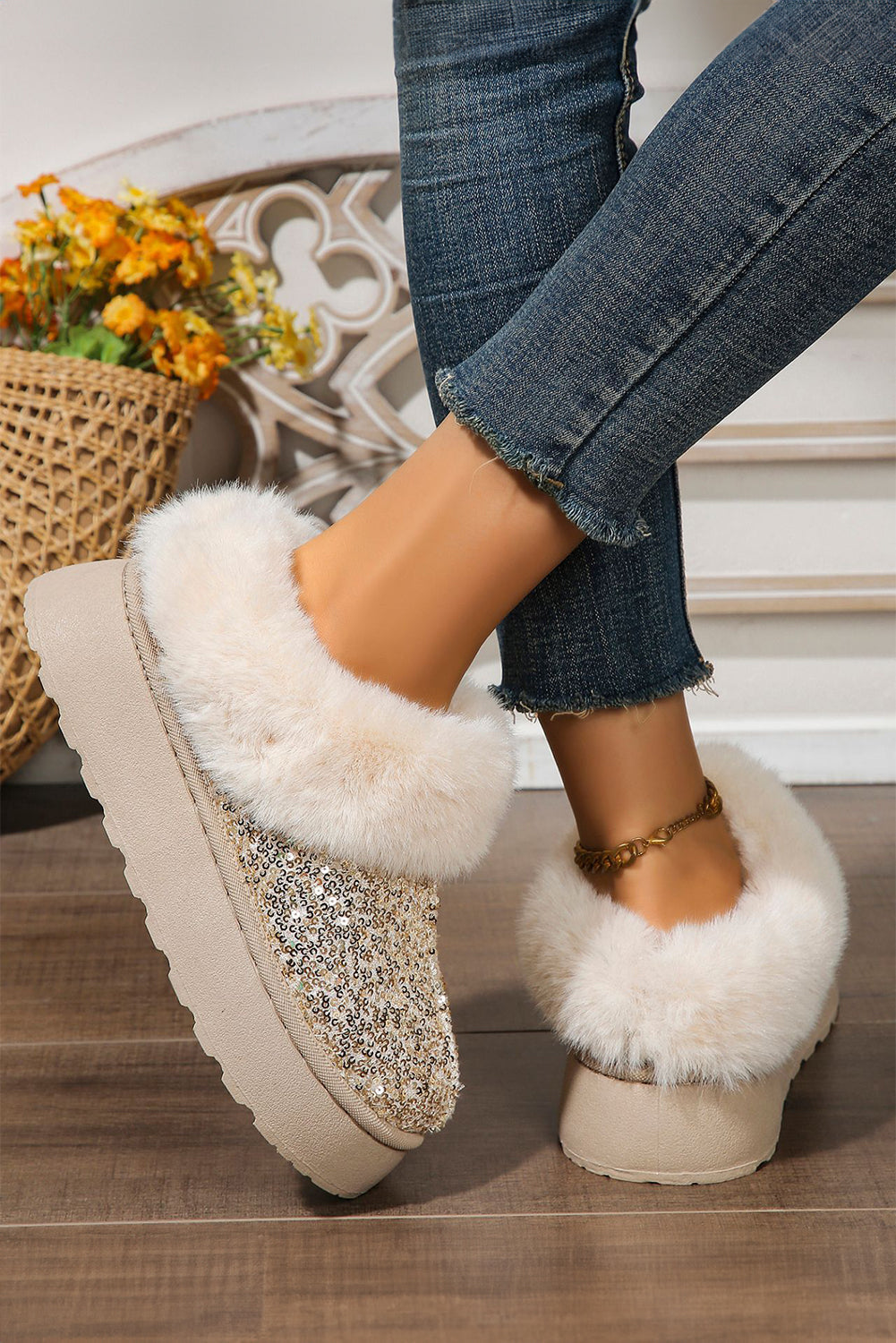 Lucia Sequin Thick Sole Snow Boots Threaded Pear