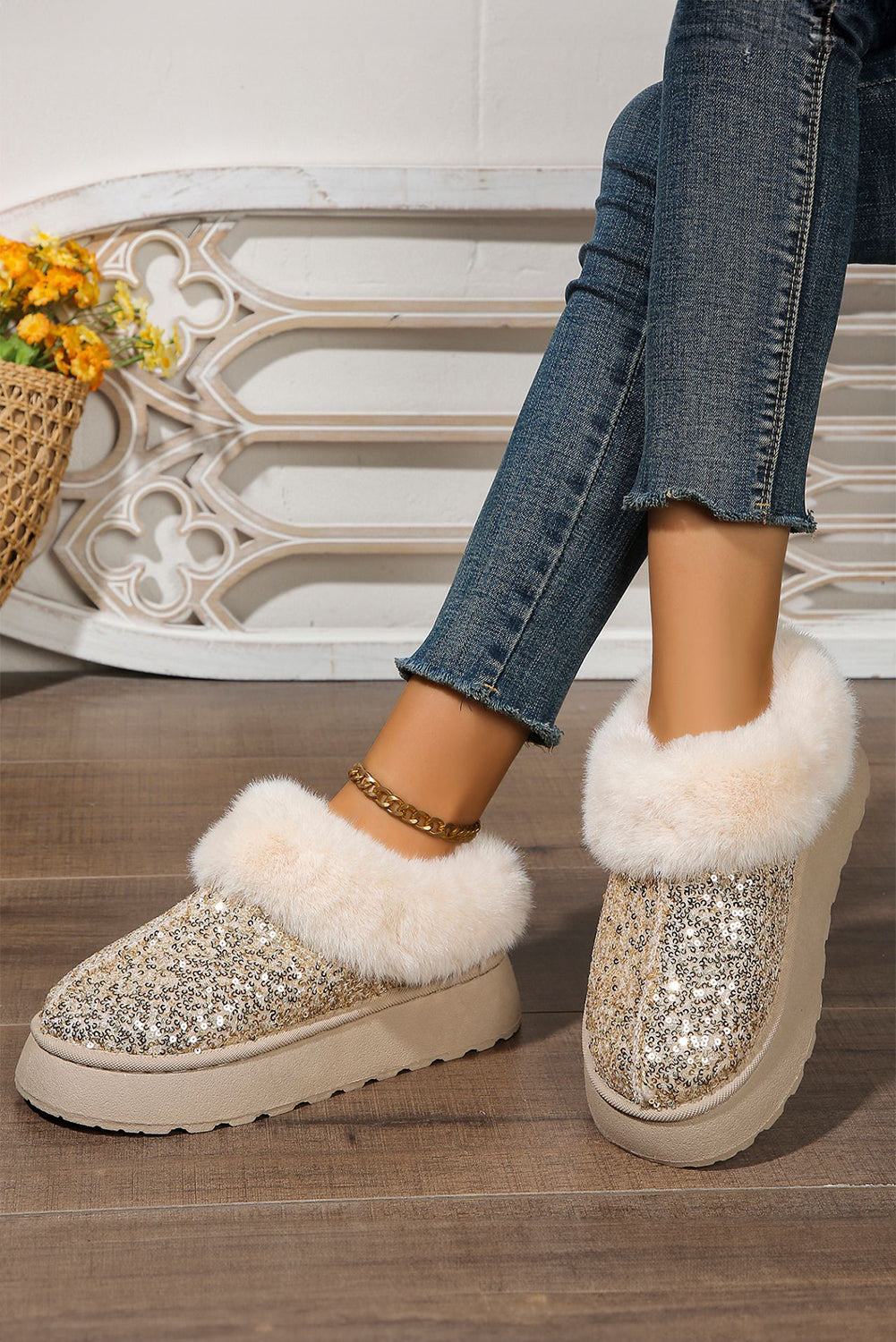 Lucia Sequin Thick Sole Snow Boots Threaded Pear