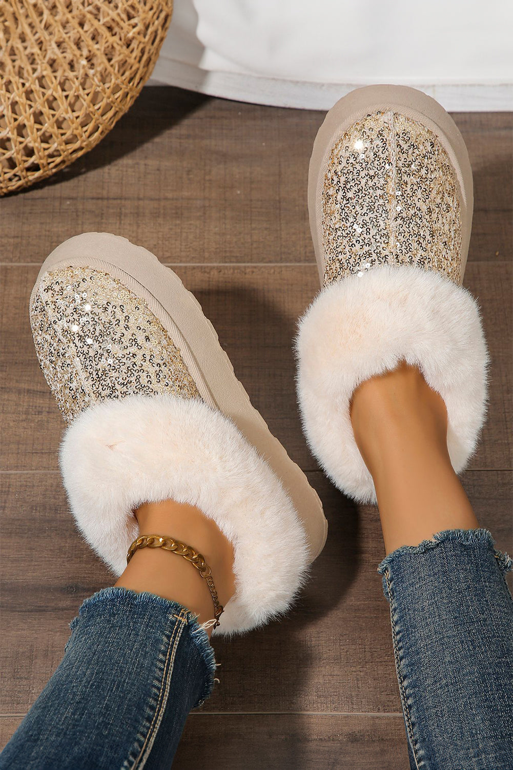Lucia Sequin Thick Sole Snow Boots Threaded Pear