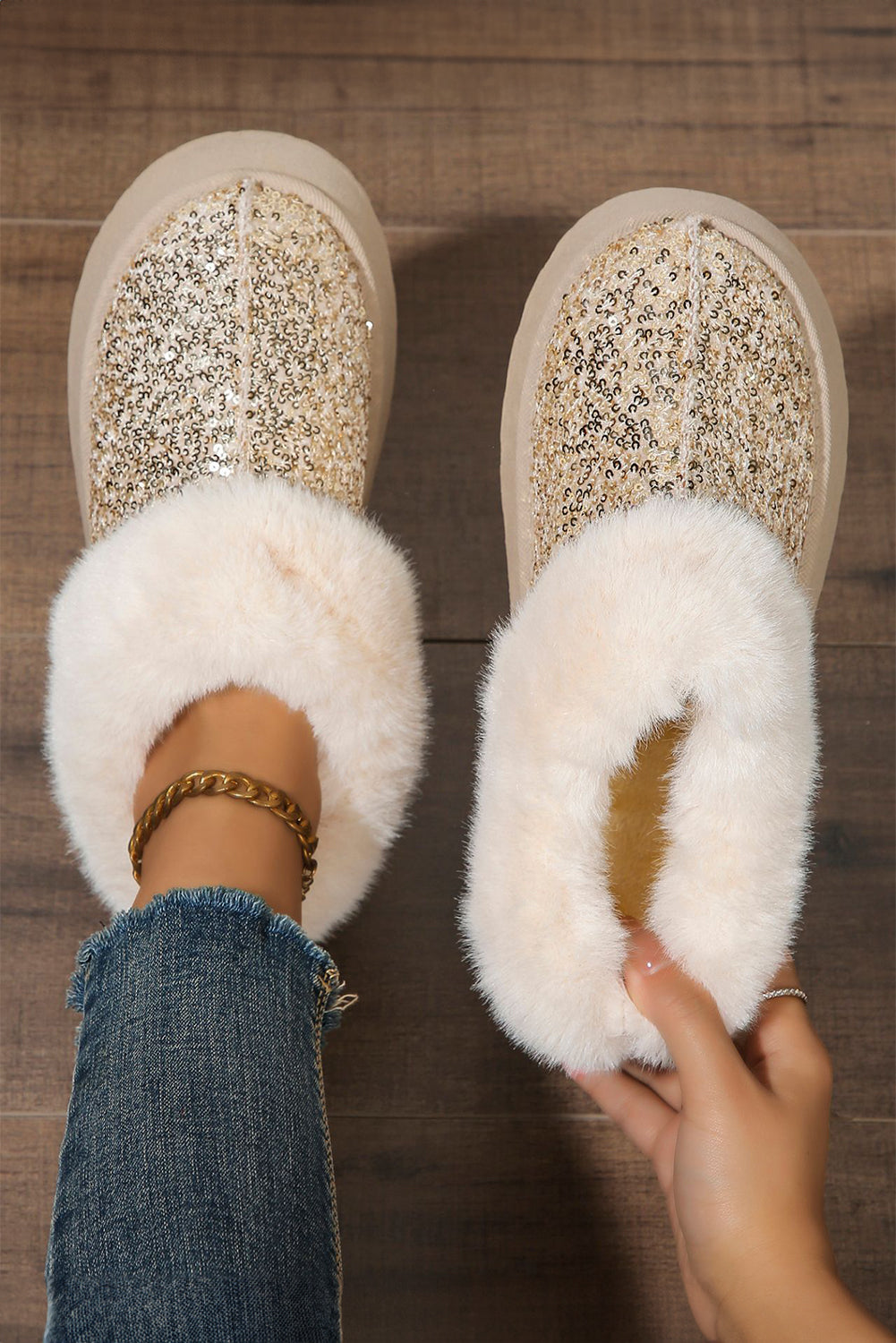 Lucia Sequin Thick Sole Snow Boots Threaded Pear