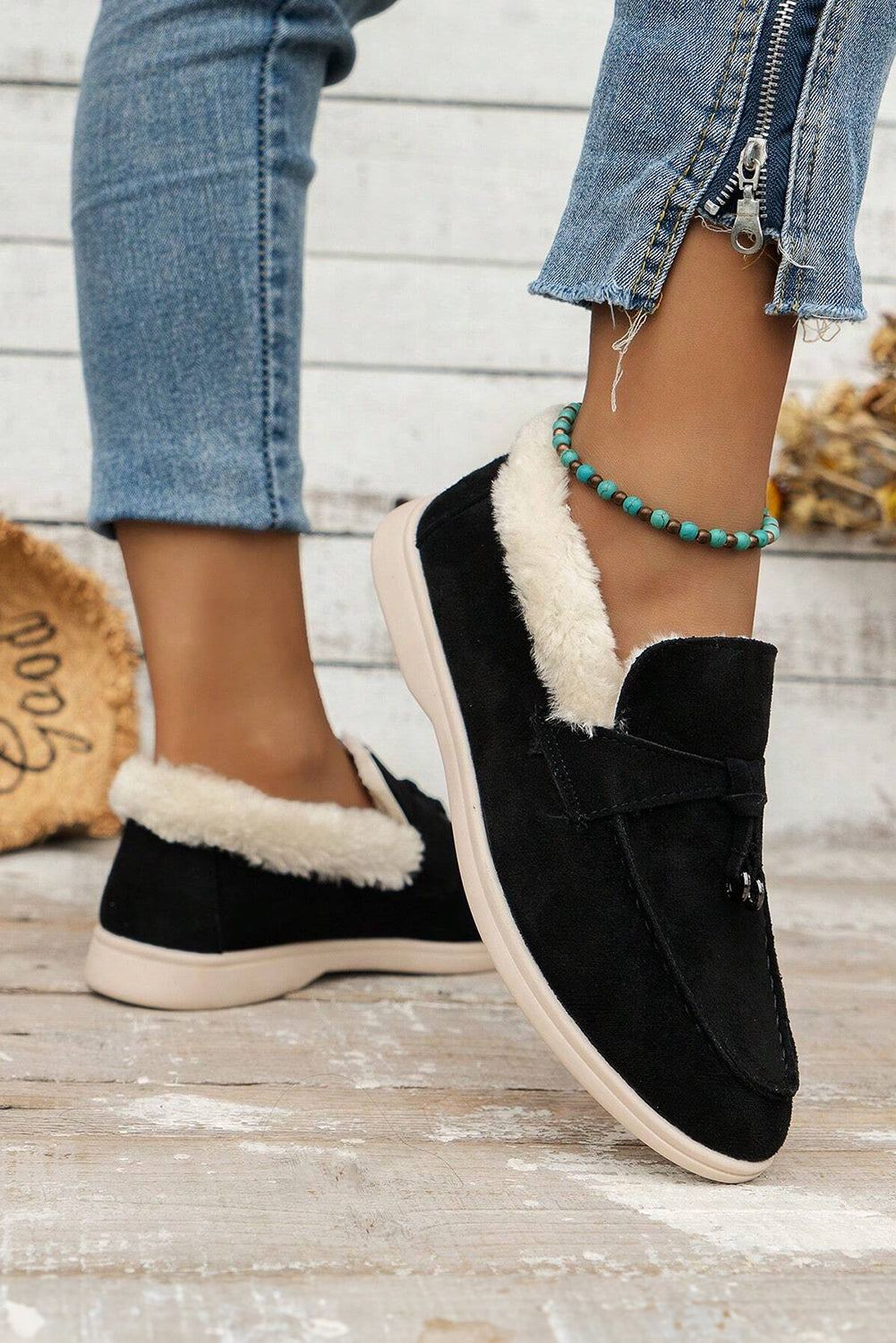Nyla Furry Lined Slippers Threaded Pear