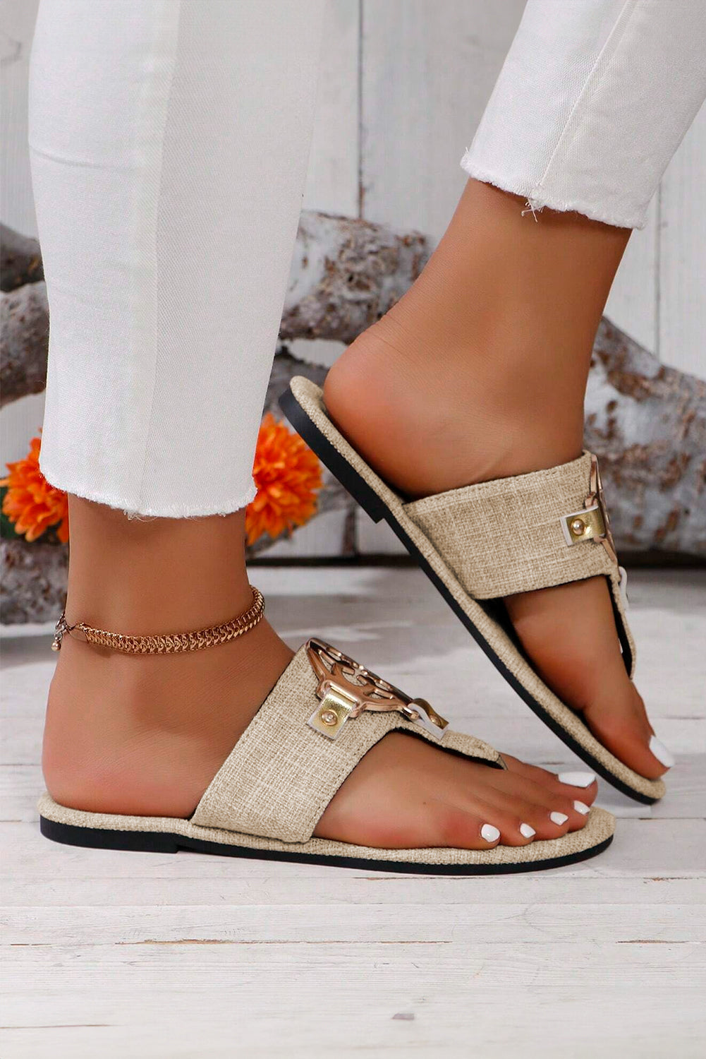 Metal Decor Thong Slippers Threaded Pear