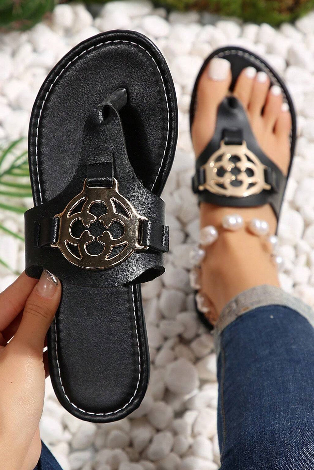 Metal Decor Thong Slippers Threaded Pear