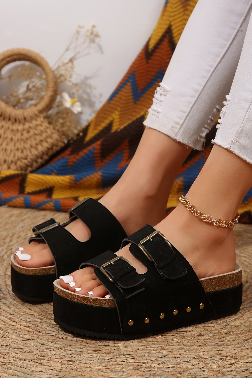 Suede Buckle Decor Footbed Sandal Slippers Threaded Pear