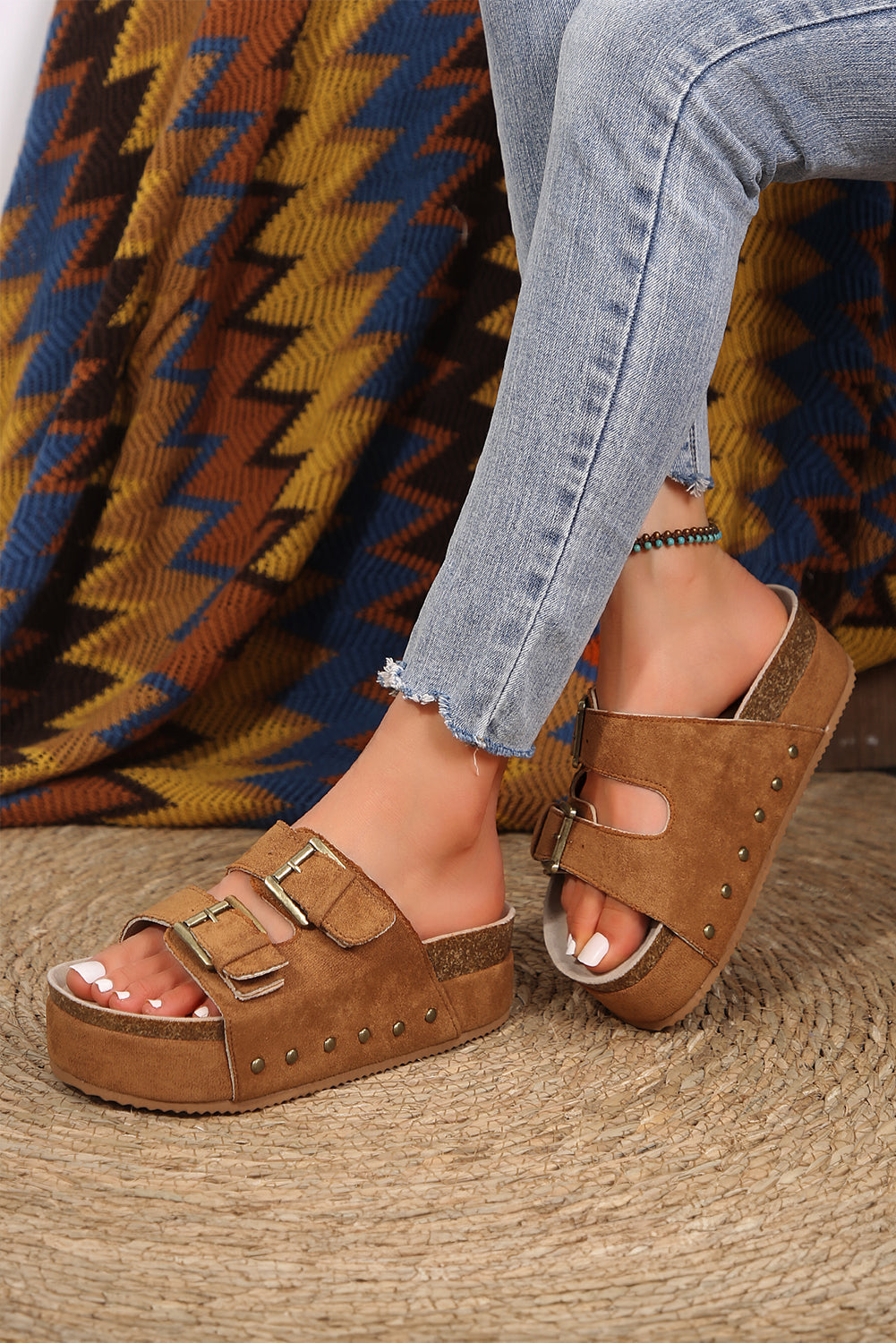 Suede Buckle Decor Footbed Sandal Slippers Threaded Pear