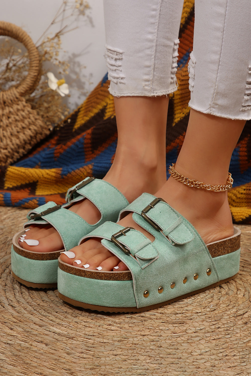 Suede Buckle Decor Footbed Sandal Slippers Threaded Pear