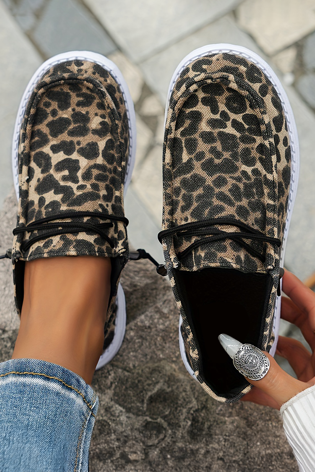 Kira  Lace-up Decor Leopard Canvas Shoes Threaded Pear