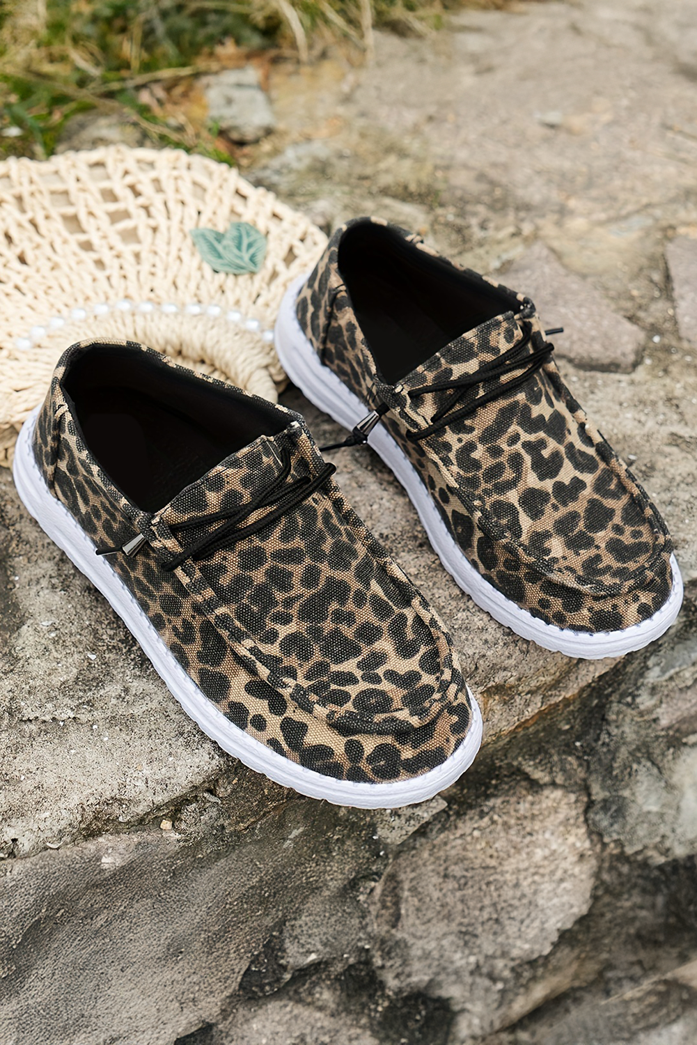 Kira  Lace-up Decor Leopard Canvas Shoes Threaded Pear