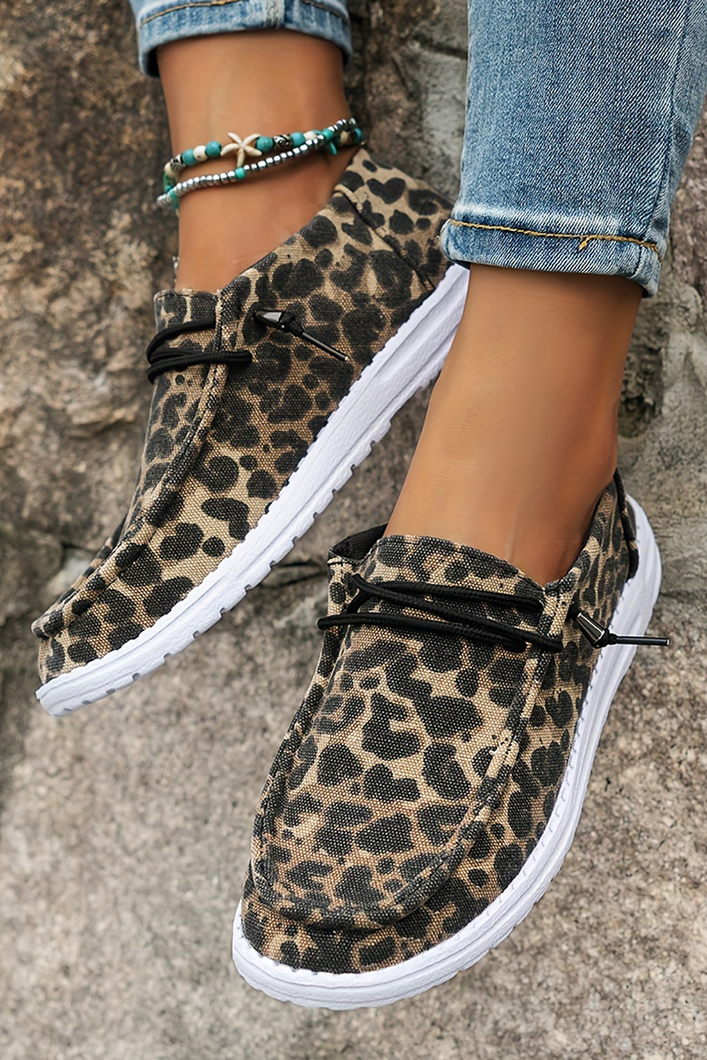 Kira  Lace-up Decor Leopard Canvas Shoes Threaded Pear