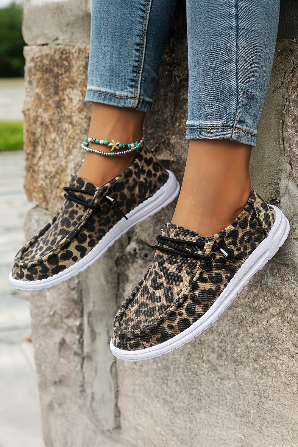 Kira  Lace-up Decor Leopard Canvas Shoes Threaded Pear