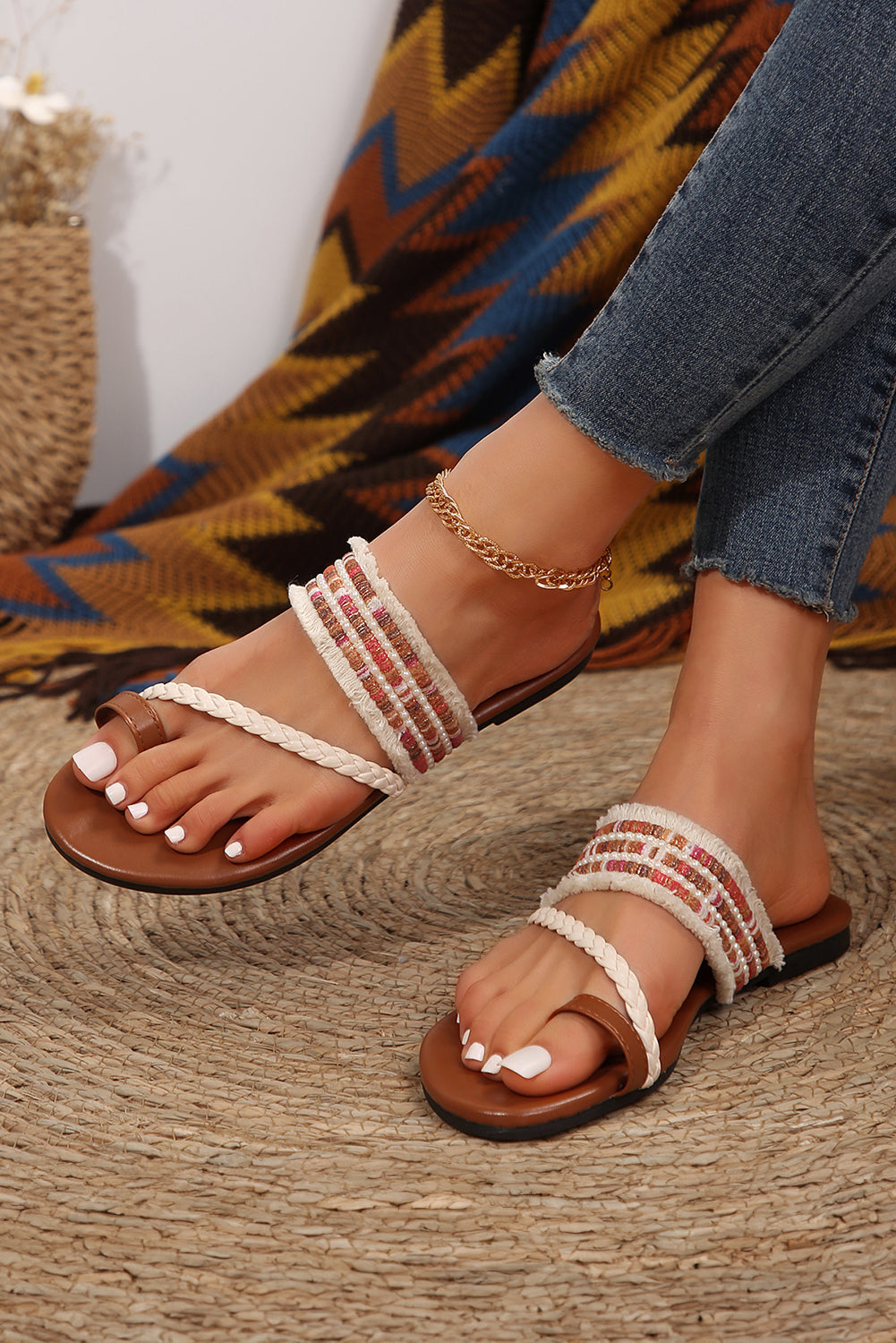 Beaded Embroidered Braided Strap Thong Slippers - Get it from Bo