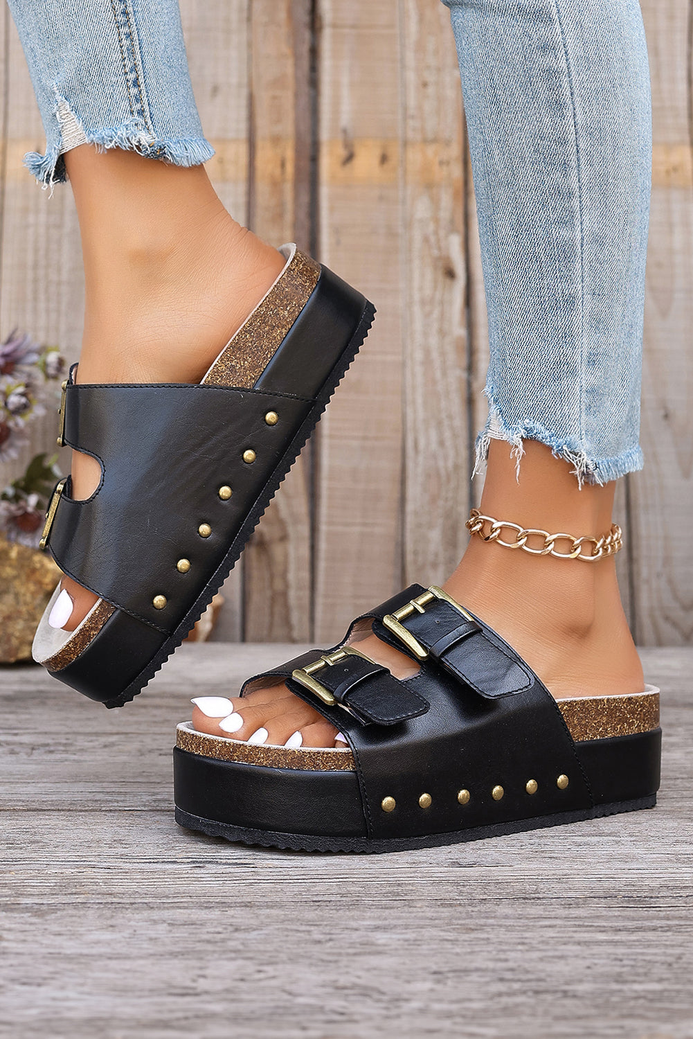 Dual Buckle Studded Platform Sandal Slippers Threaded Pear
