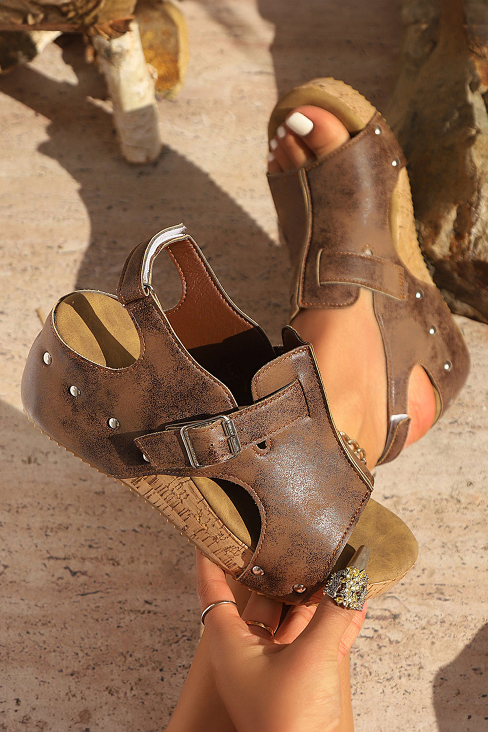 Camila Cut Out Buckle Platform Sandals Threaded Pear
