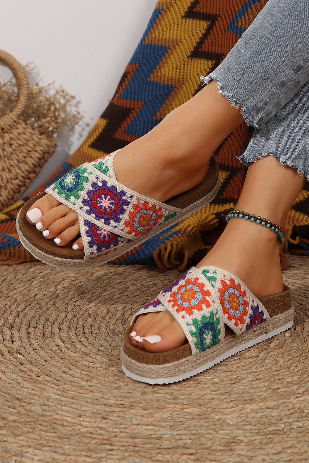Geometric Woven Crisscross Strap Platform Slippers Threaded Pear