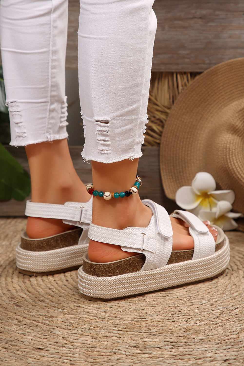 Sofia Double Velcro Woven Platform Sandals Threaded Pear