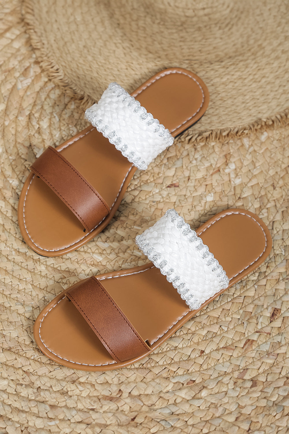 Woven Strap Flat Slippers Threaded Pear