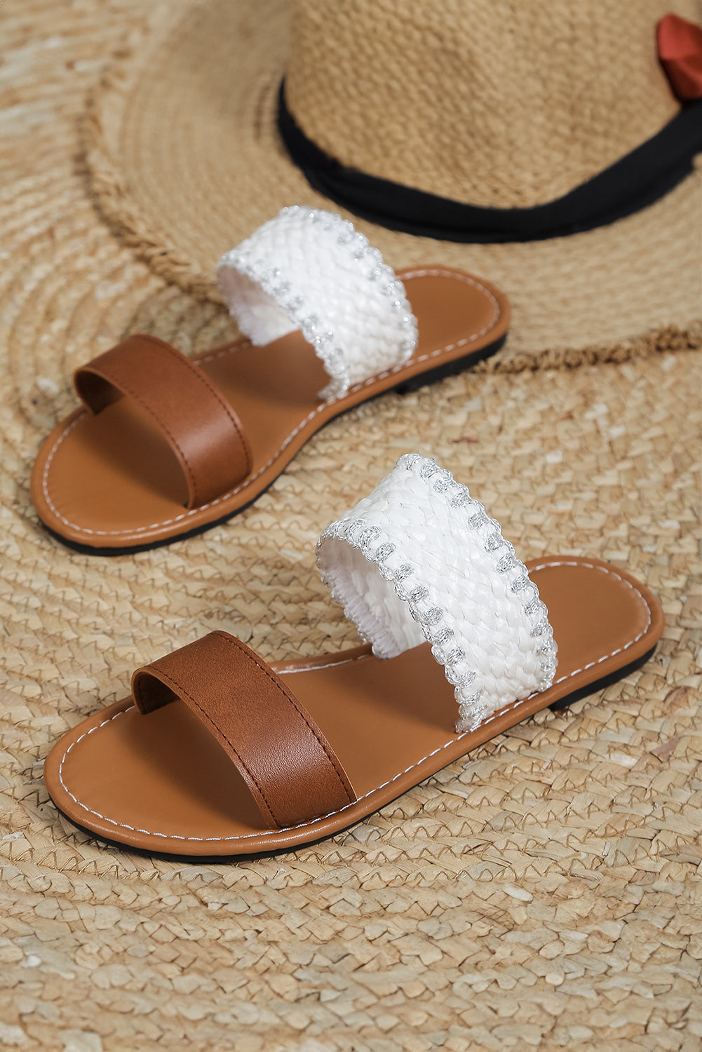 Woven Strap Flat Slippers Threaded Pear