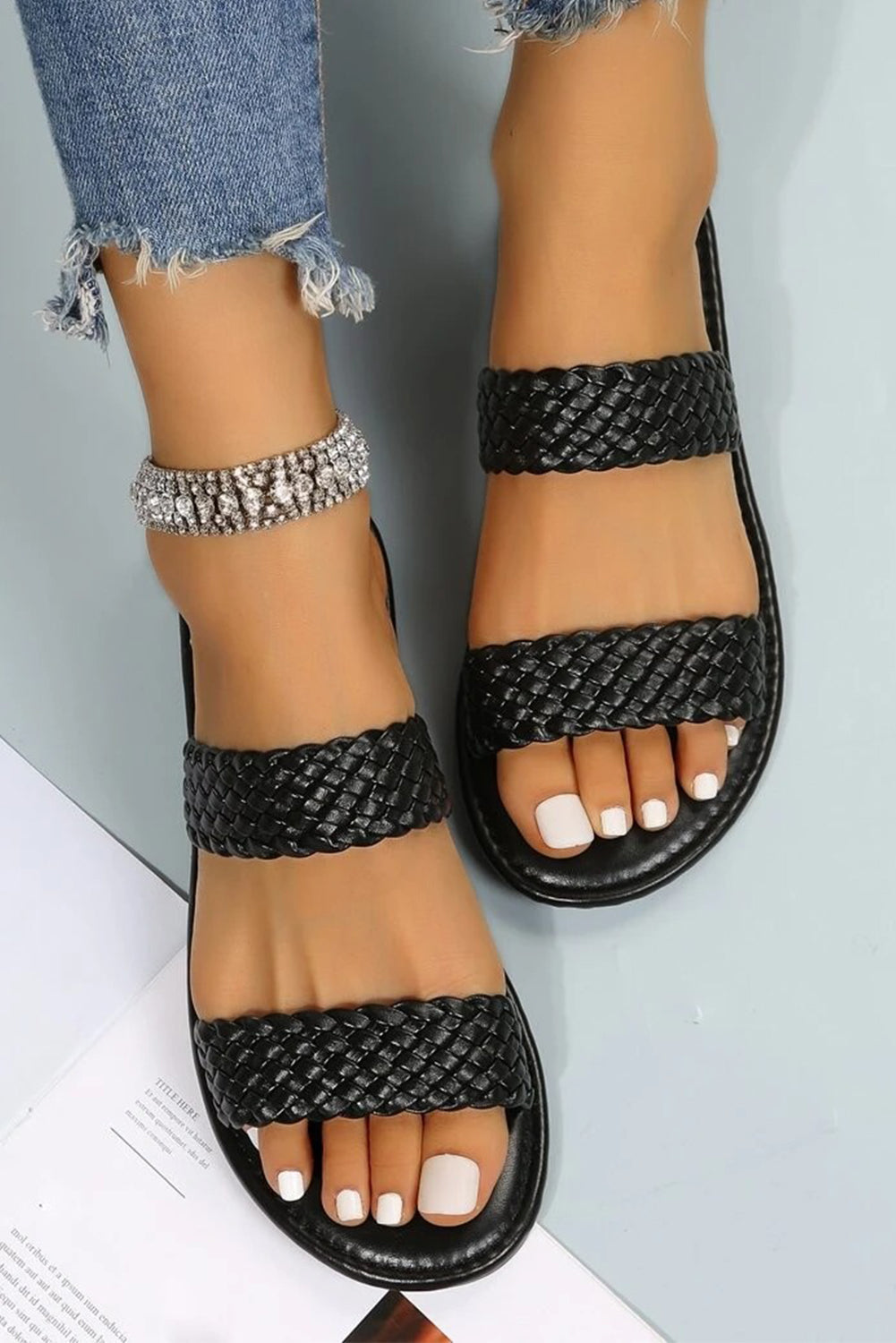 Braided Double Band Leathered Flat Slippers Threaded Pear