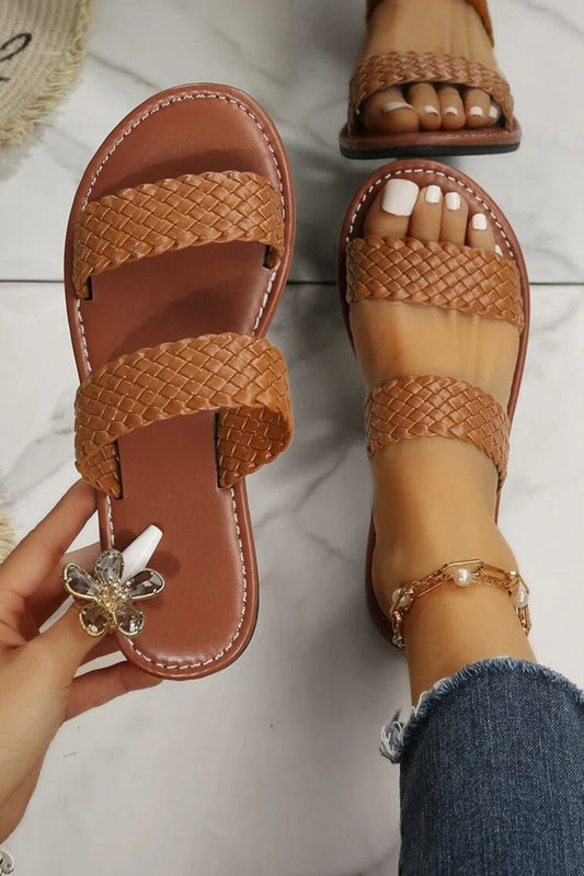 Braided Double Band Leathered Flat Slippers Threaded Pear