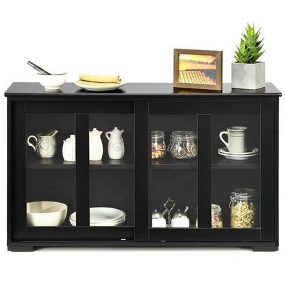 Black Wood Buffet Kitchen Dining Sideboard Storage Cabinet w/ Glass Sliding Door FastFurnishings