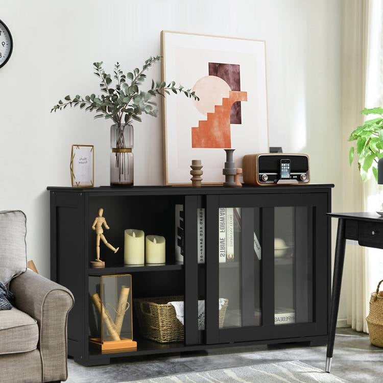 Black Wood Buffet Kitchen Dining Sideboard Storage Cabinet w/ Glass Sliding Door FastFurnishings
