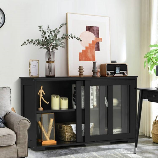 Black Wood Buffet Kitchen Dining Sideboard Storage Cabinet w/ Glass Sliding Door FastFurnishings