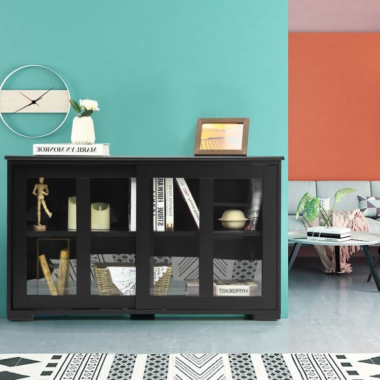 Black Wood Buffet Kitchen Dining Sideboard Storage Cabinet w/ Glass Sliding Door FastFurnishings