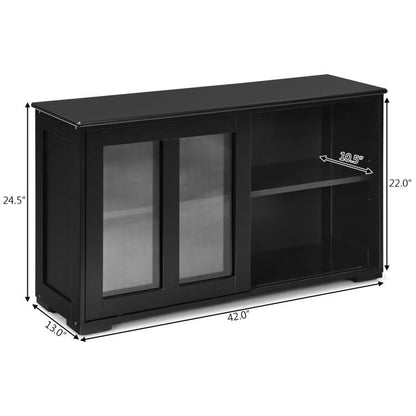 Black Wood Buffet Kitchen Dining Sideboard Storage Cabinet w/ Glass Sliding Door FastFurnishings