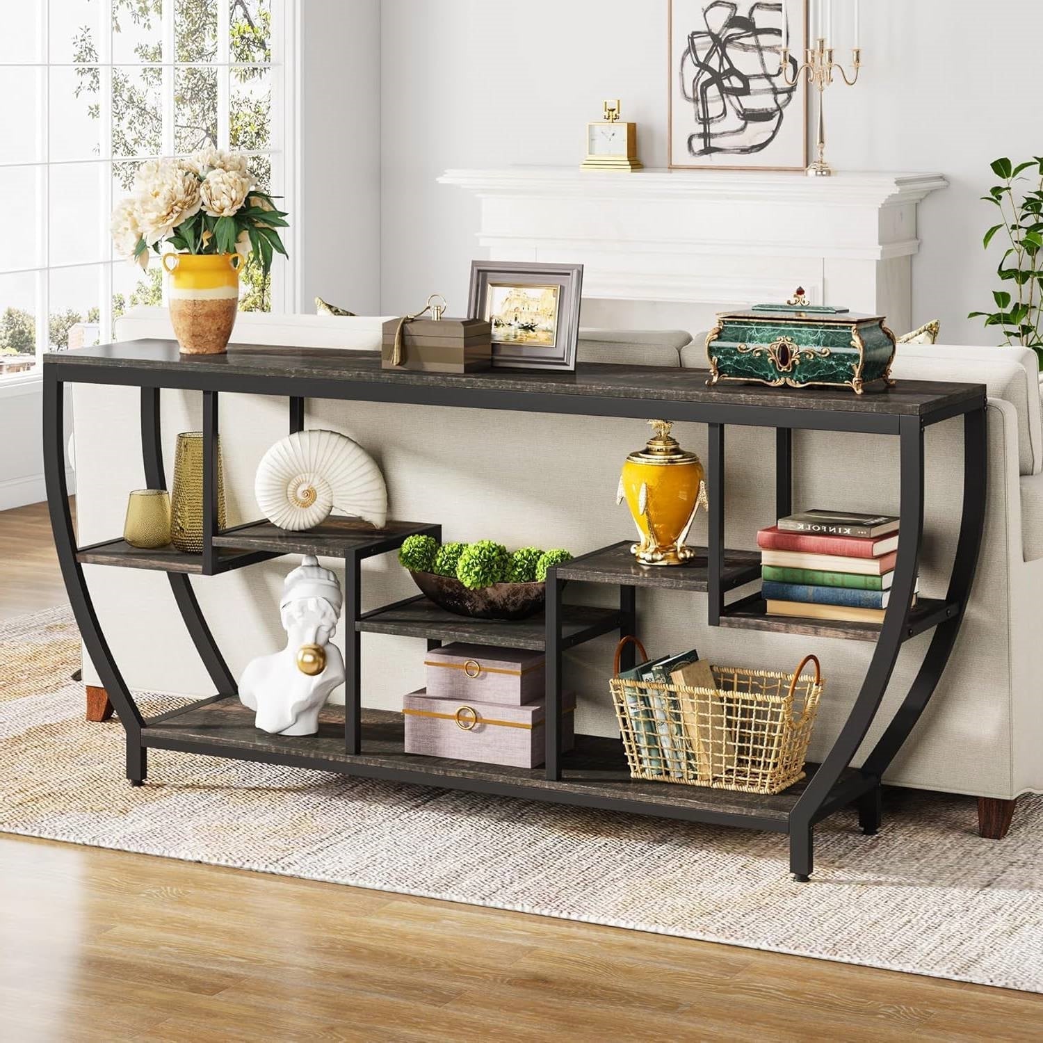 Modern Industrial 70-inch Long Narrow Console Sofa Table with Black Wood Shelves FastFurnishings