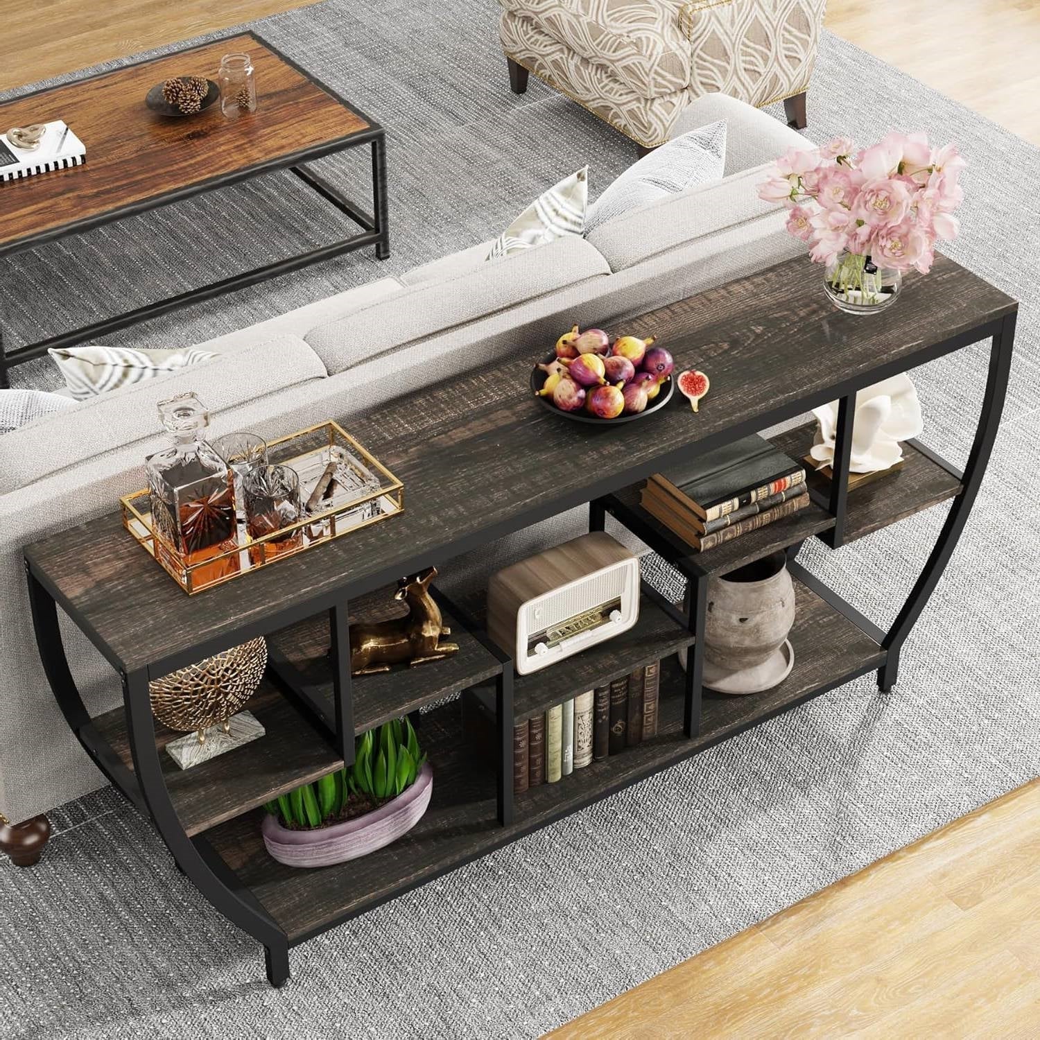 Modern Industrial 70-inch Long Narrow Console Sofa Table with Black Wood Shelves FastFurnishings