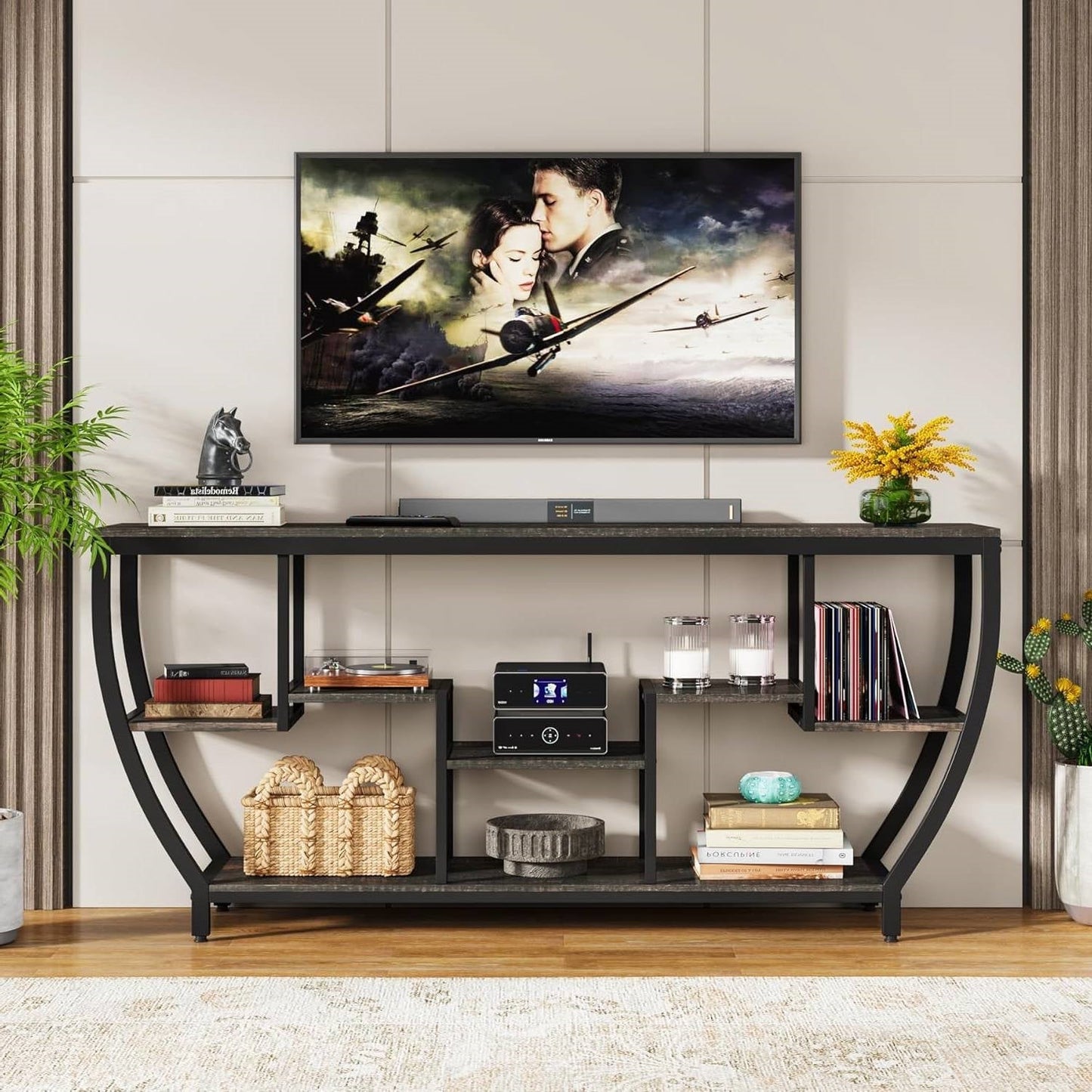 Modern Industrial 70-inch Long Narrow Console Sofa Table with Black Wood Shelves FastFurnishings
