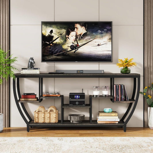 Modern Industrial 70-inch Long Narrow Console Sofa Table with Black Wood Shelves FastFurnishings