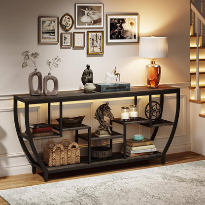 Modern Industrial 70-inch Long Narrow Console Sofa Table with Black Wood Shelves FastFurnishings